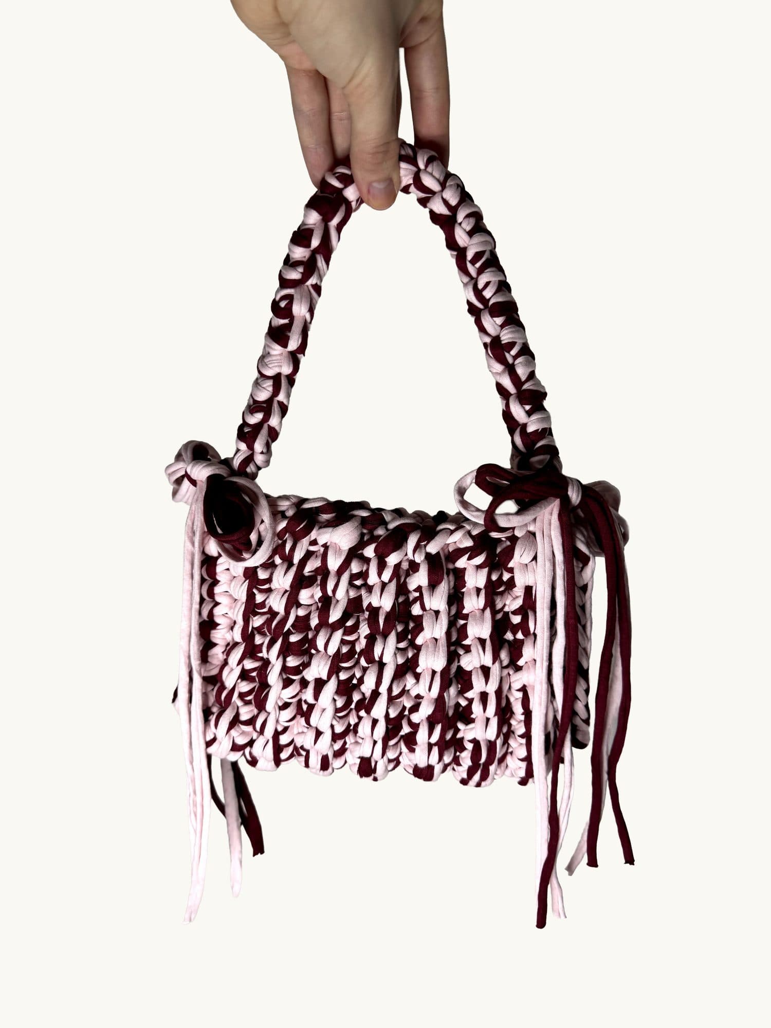 Baby pink Baby pink & burgundy, one-of-one handmade crochet bag
